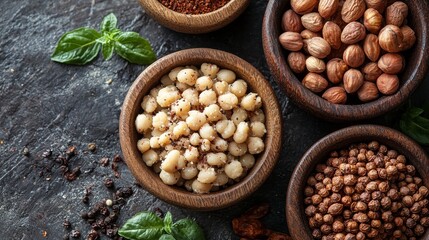 Rustic bowls filled with a variety of nuts on a dark background
