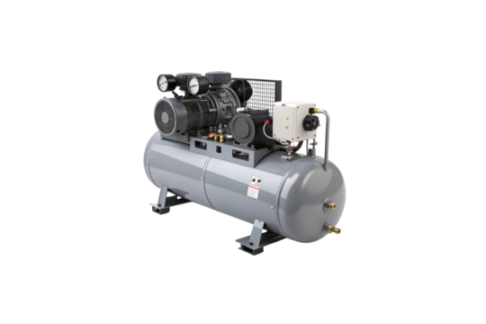 A stationary industrial air compressor with a large gray horizontal tank, black motor, dual pressure gauges, protective grill. Isolated on a transparent background