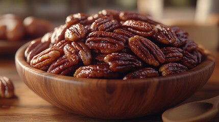 Bowl of candied pecans on wooden table.