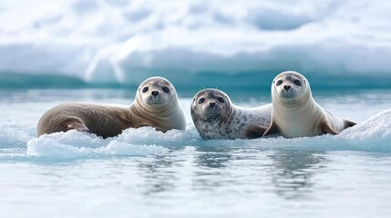 Three harbor seals resting on ice floes in arctic waters.  Wildlife photography for nature documentaries
