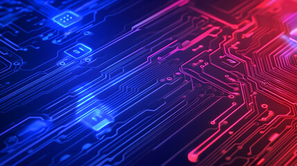 Futuristic circuit board glowing red and blue, close-up view, technology background, ideal for tech websites