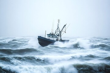 Small fishing boat sailing in a rough sea with big waves during a storm, representing concepts like adventure, danger, and the power of nature