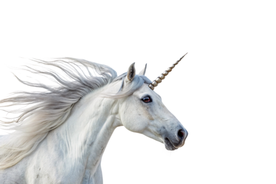 Close-up of a unicorn's face with a golden spiral horn and windswept mane, exuding a mystical and enchanting aura. Isolated on a transparent background