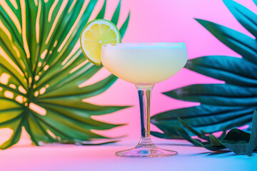 Frozen margarita cocktail is garnished with a lime slice and served on a vibrant tropical background with palm leaves