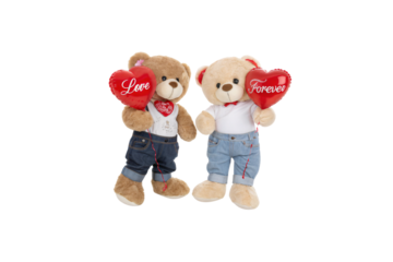 Two teddy bears in playful casual outfits holding shiny red balloons, their heart-shaped designs emblazoned with Love and Forever, suggesting a sweet. Isolated on a transparent background