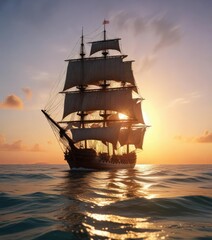 Fototapeta premium An old sailing ship sails across a tranquil ocean at sunset, old sailing ship, sea voyage , orange hues