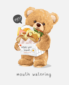 Naklejki mouth watering slogan with bear doll holding sandwich box vector illustration