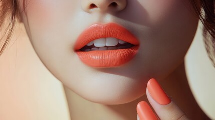 Fototapeta premium East Asian woman with coral lipstick and nails in a summery backdrop