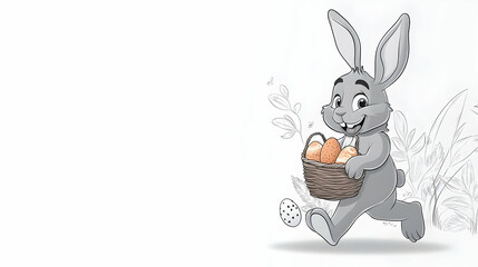 Obraz premium Happy Easter bunny carrying eggs in basket, running through foliage; spring greeting card