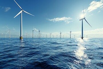 Offshore wind farm featuring multiple turbines generating renewable energy at sea