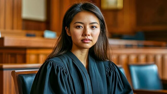 Young Asian female judge courthouse Portrait serious professional work Legal settings traditional design jurist prepares court session Law authority and justice focus Solemn atmosphere judicial