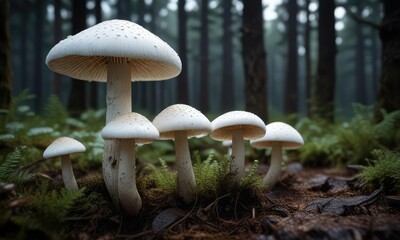 Fototapeta premium Close-up shot of fresh white mushrooms growing in a dark forest, organic, food, wilderness, mycology, fungi