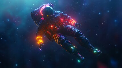 Futuristic spacewalk with astronaut in neon-lit gear floating in the deep space