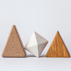 Three geometric shapes-two triangles and a diamond-crafted from wood, concrete, and cork, arranged on a minimalist background.