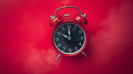 Coffee time concept, Hot coffee in a retro alarm clock. Wake up alarm. Top View