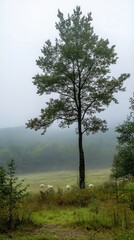 Obraz premium Misty morning, sheep grazing, tree, field. Pastoral scene, nature background