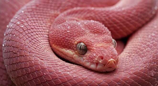 A stunning close-up of a pink-scaled snake, coiled elegantly, with glistening scales and piercing slit-shaped eyes.