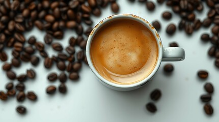 Fototapeta premium Top View Coffee Cup With Coffee Beans on a White background. 