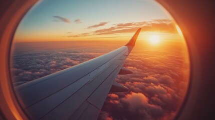 Obraz premium Airplane wing sunset cloudscape, aerial view, travel