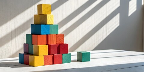 Fototapeta premium Colorful wooden blocks stacked in a pyramid shape on a white surface illuminated by sunlight coming through a window