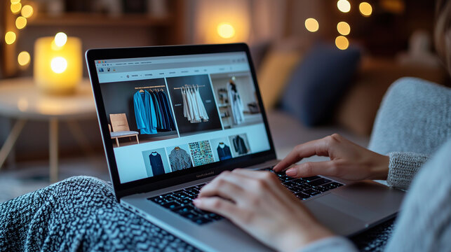 A stylish scene showcasing a woman using her laptop to shop for clothes online in a cozy home environment. Great for illustrating the ease and accessibility of e-commerce in daily life.