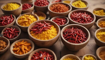 Close-up of wooden bowls filled with vibrant red chili, yellow turmeric, and spicy paprika, cooking, kitchen, ingredients, cuisine, food