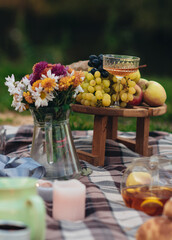 A romantic date in nature. Weekend picnic. Catering. Outdoor party.