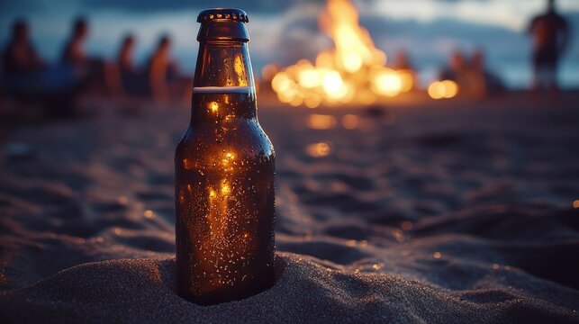 Glistening beer bottle in warm glow of beach bonfire at twilight gathering