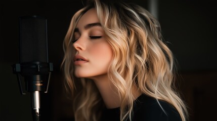 Fototapeta premium Inside a recording studio, a blonde woman passionately sings into a microphone, eyes closed, immersed in her music. The warm, soft lighting creates a focused atmosphere for her performance.