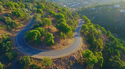 Fototapeta premium Winding mountain road, coastal village background, scenic drive, travel poster