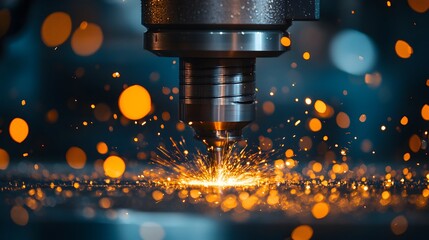 Metal machining process shows CNC mill cutting with flying sparks, capturing industrial precision engineering in dramatic lighting with detailed manufacturing focus and depth.