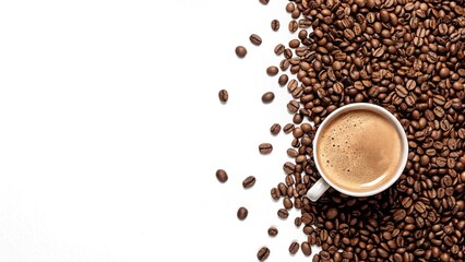 Top View Coffee Cup With Coffee Beans on a White background. 