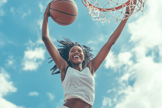 Young woman basketball player scoring a basket outdoors, smiling and celebrating with arms raised