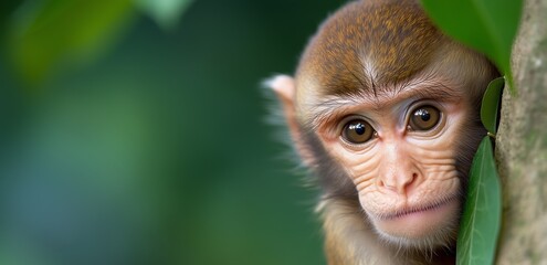 A baby monkey is seen hanging from a tree branch in a dense forest. The vibrant green foliage surrounds him while he engages in this unusual behavior under the midday sun.