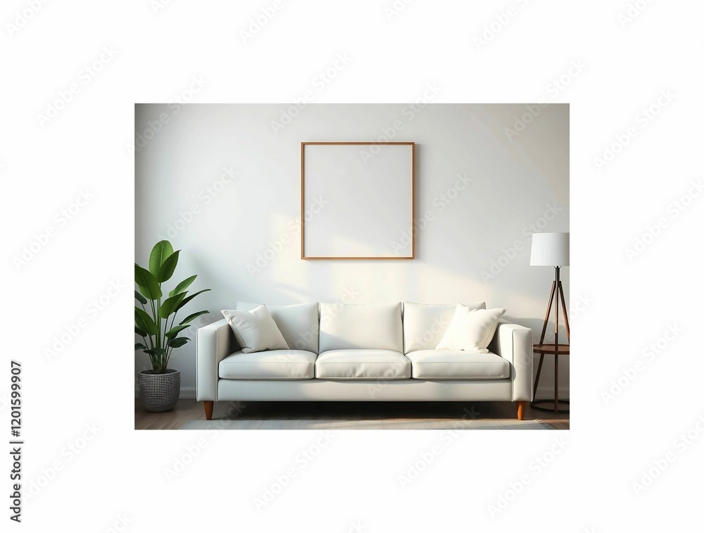 Wall mural Mockup in room with white cream couch and square large brown wooden frame for wall art