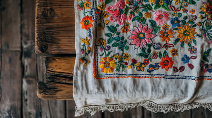 Colorful Traditional Slavic Embroidery on Wooden Table Displaying Floral Patterns