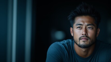 Fototapeta premium A young Asian man sits introspectively, gazing into the distance. The dimly lit environment creates a serene atmosphere while highlighting his thoughtful demeanor and strong features.