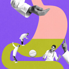 Doctors in lab coats examining colorful abstract digestive tract model, symbolizing gastrointestinal health and research. Conceptual design. Concept of medicine, healthcare, digestive health