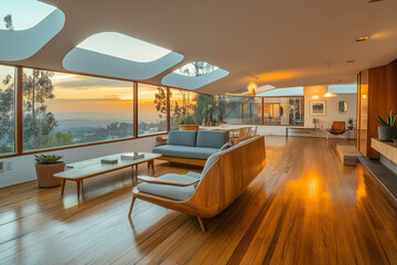 Fototapeta premium Photo of modern interior house design with big windows