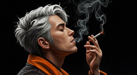 Obraz premium A serene figure with silver hair, eyes closed, exhaling cigarette smoke in a dimly lit setting, evoking calm and introspection.
