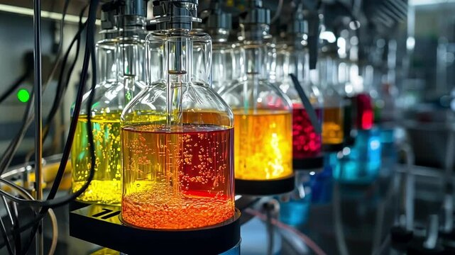Detailed shot of laboratory glassware housing vibrant liquid mixtures with a backdrop of metal tools and wires highlighting the experimental nature of new product development.