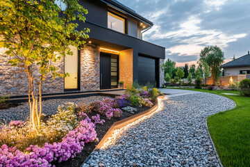 Obraz premium Illuminated pathway in front of residential house, Generative AI