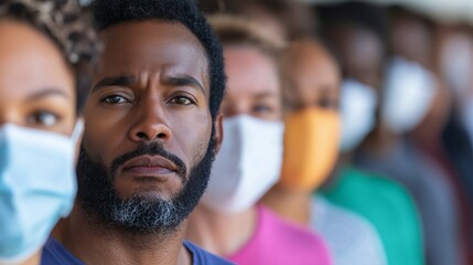 A diverse group of people stands in line at a service center, wearing masks in a show of collective responsibility. The atmosphere is calm as they await assistance.
