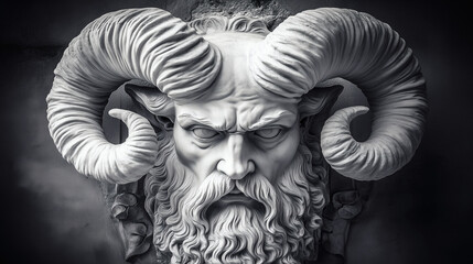 Primer plano de escultura mitológica con grandes cuernos en blanco y negro