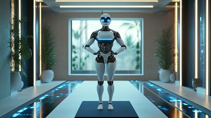 A sleek, futuristic robot with a round head and large,