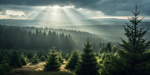 Majestic sunlight filters through dark clouds over a serene forest landscape in the early morning light