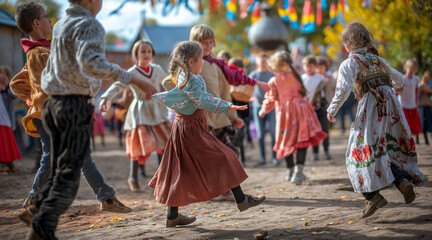 Naklejka premium Joyful Slavic Community Gathering with Children Dancing in Traditional Attire