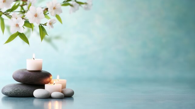 A calming arrangement features delicate white flowers cascading over smooth rocks. Soft, flickering candles add warmth to the tranquil setting, creating an atmosphere of peace with space for text.