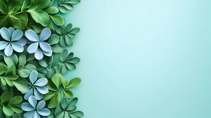 Fototapeta premium Green leaves and blue flowers on a light blue background; space for text; nature design for website banner