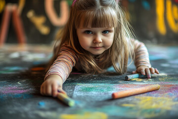 Adorable Child Drawing with Colorful Chalk on Asphalt During a Bright Summer Day, Generative AI